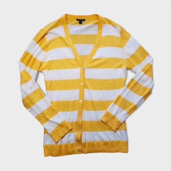 Lafayette 148 Yellow Striped Linen Blend Button Front Cardigan Size Medium - Picture 4 of 10